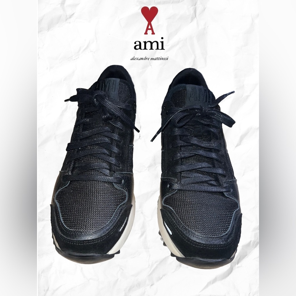 Ami Alexandre Mattiussi Black Leather and Nylon Panelled Sneakers for Men